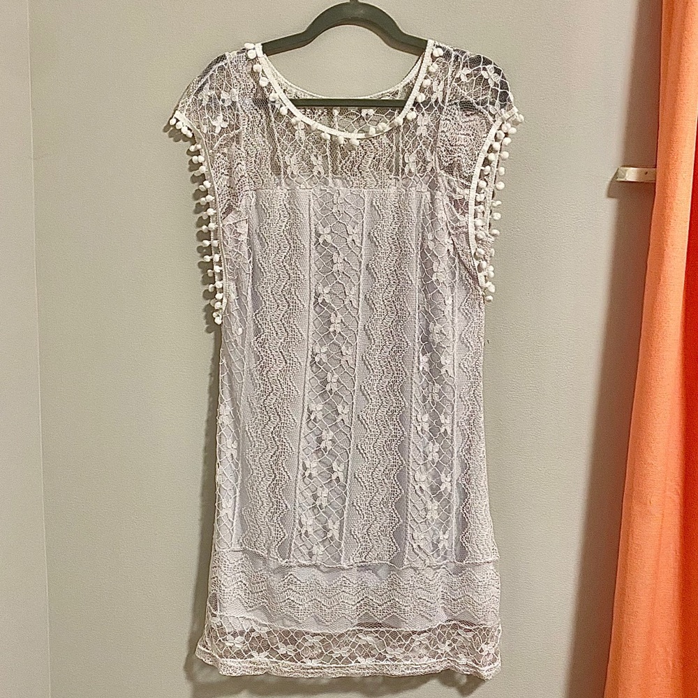 Lace & Pompom White Dress